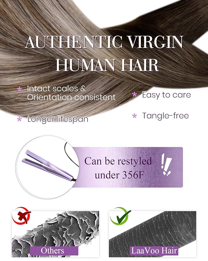 LaaVoo Nano Bead Hair Extensions Human Hair Balayage Brown to Ash Blonde Nano Hair Extensions Human Hair 20 Inch 50g 50s