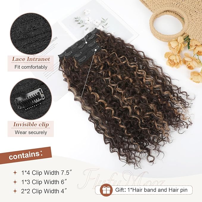 Clip in Hair Extensions, FLUFYMOOZ 4PC 100％ Pure Protein Silk Hair Extensions Long Soft Natural Hairpiece 20 Inch Curly Hair Extension for Women (Brown with Deep Blonde Highlights)