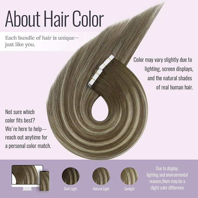 Fshine Tape in Hair Extensions Remy Human Hair, Dark Brown to Ash Brown Highlight Medium Blonde, 12 Inch 30 g, Silky Straight with Thick Ends,for Women, Ladies & Girls