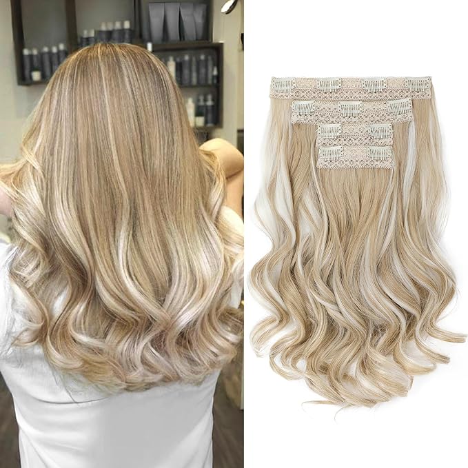 HOOJIH Hair Extensions, Clip in on Hair Extensions 4PCS Hair Extension 14" Short Curly Hair Extensions Invisible Lace Weft Natural Soft Hairpieces for Women - Light Golden Blonde with White Blonde