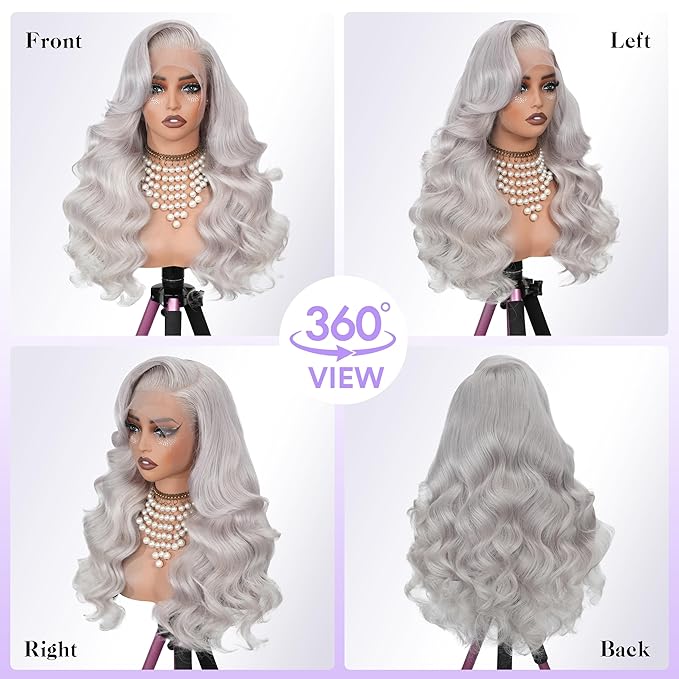 Grey Wig Human Hair 250 Density 32 Inch 13x6 Body Wave Colored Lace Front Wig Human Hair Pre Plucked, 100% Real Human Hair No Synthetic Blend Tangle Free Shedding Free Triple Lifespan 3X