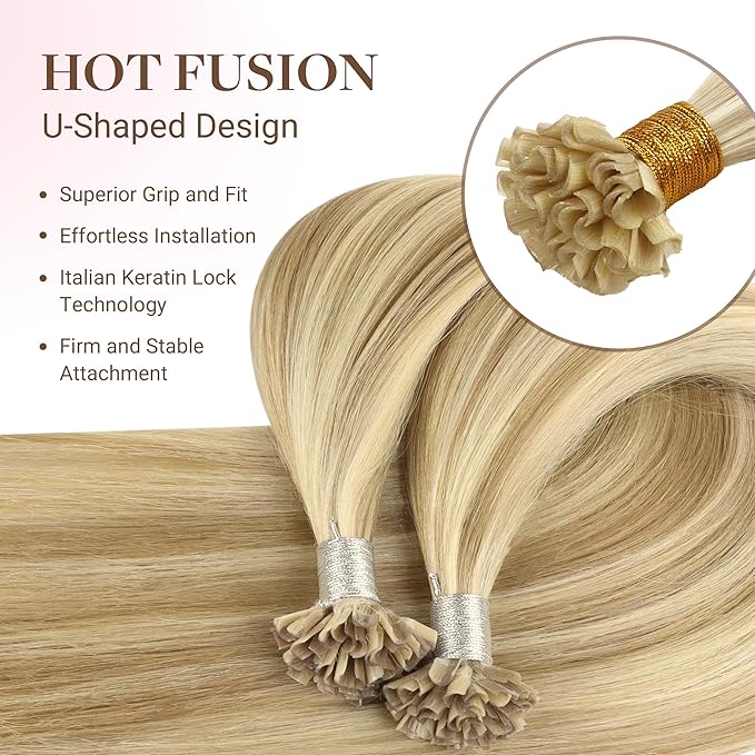 GOO GOO U Tip Hair Extensions Real Human Hair, Double Volume 100g 100S, 22 Inch Hot Fusion U Tip Extensions, Invisible Remy Hair, 16/22 Light Blonde Highlighted Golden Blonde