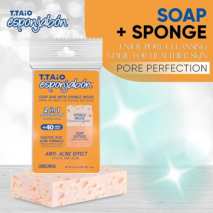 T.Taio Esponjabon Pore-Cleansing Soap Sponge - Cleansing Shower Scrubber - Cleaning Bath Wash Scrub - Oil Removal - Massage & Lather Foot, Elbow, & Face - Bathroom Accessories (2-Pack)