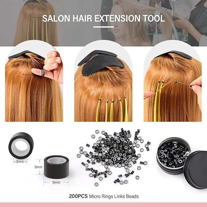 Gomake Microlinks Hair Extensions Kit, Hair Extension Closer and Removal Pliers, Micro Beads Pulling Hook & Microbead Loop Tool, Micro Links Silicone Rings Bead 200PCS (Pink)