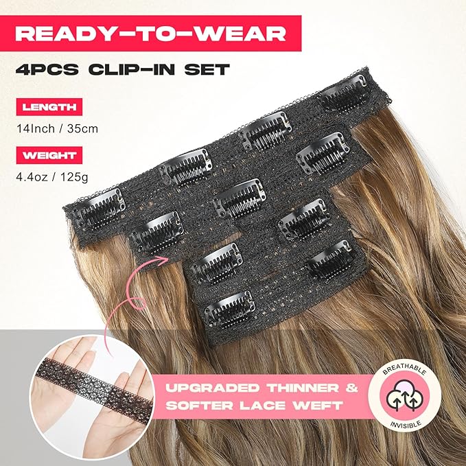 Hair Extensions, 14" Short Clip in Hair Extensions 4PCS Beach Wave Blonde Natural Soft Synthetic Hairpiece for Women - Light Brown with Highlights