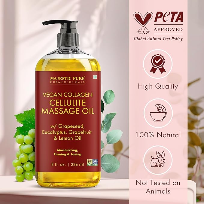 Majestic Pure Firming Body Massage Oil with Collagen – Helps Smooth The Appearance of Cellulite & Improve Skin Texture – Refreshing Aromatherapy Body Oil for Legs & Full Body – 8 Fl Oz, with Roller
