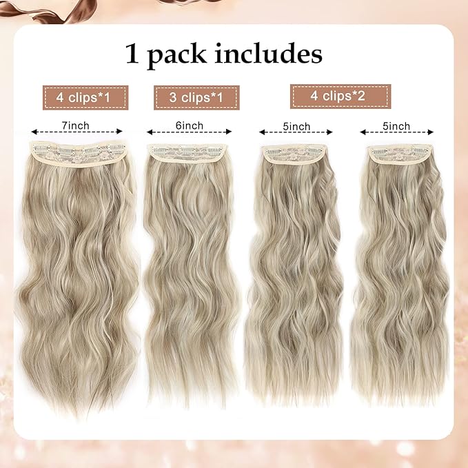 4PCS Curly Clip In Hair Extensions Dark Golden Mix Beige Blonde Synthetic 20inch long Wavy Clip in Hair Extensions Double Weft Long Thick Hairpieces Full Head For Women (20INCH, 18H613)