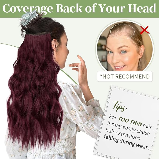 KooKaStyle Invisible Wire Hair Extensions with Transparent Wire Adjustable Size 4 Secure Clips Long Wavy Secret Hairpiece (20 Inch, Burgundy)
