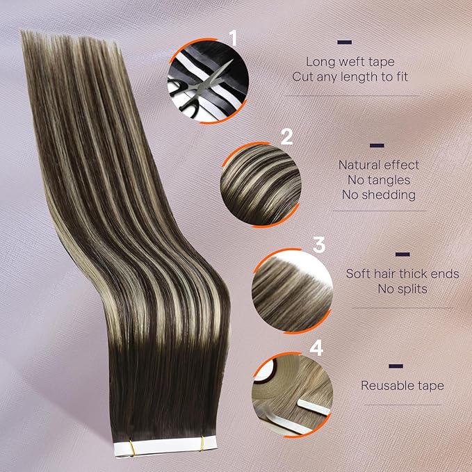 Full Shine Dark Brown Hair Extensions Tape in Weft Hair Extensions Human Hair Color Balayage 2/60/2 Invisible Double Weft Extensions Tape ins 20Inch Real Human Hair Cuticles Aligned 50G One Piece