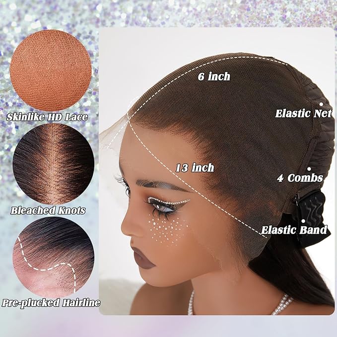 NESMON Body Wave 13x6 Full Frontal SKINLIKE HD Lace Front Wigs Human Hair 200% Density 0.10mm Ultra-thin Invisible Lace Pre-Plucked Bleached Knots Lace Front Human Hair Wigs For Women 22 Inch