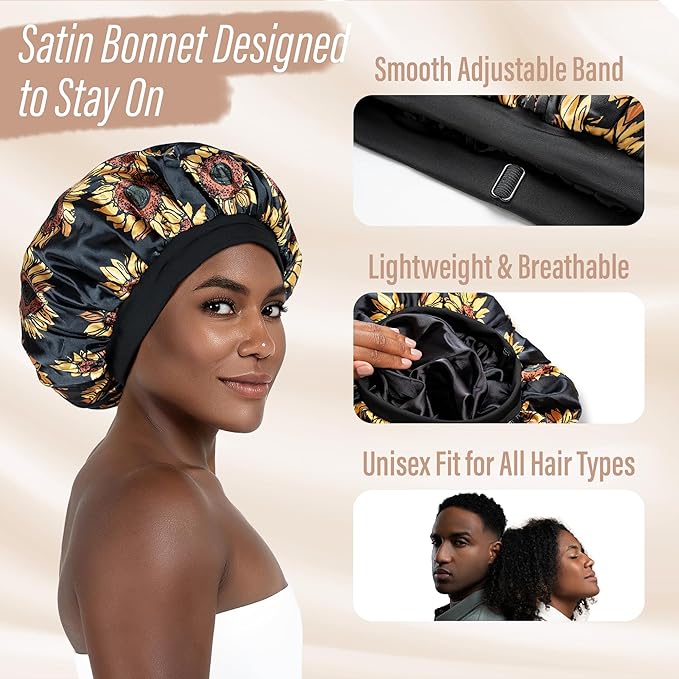 CAPLORD Double Sided Satin Bonnet for Sleeping - Adjustable Silk Sleep Cap for Women and Men
