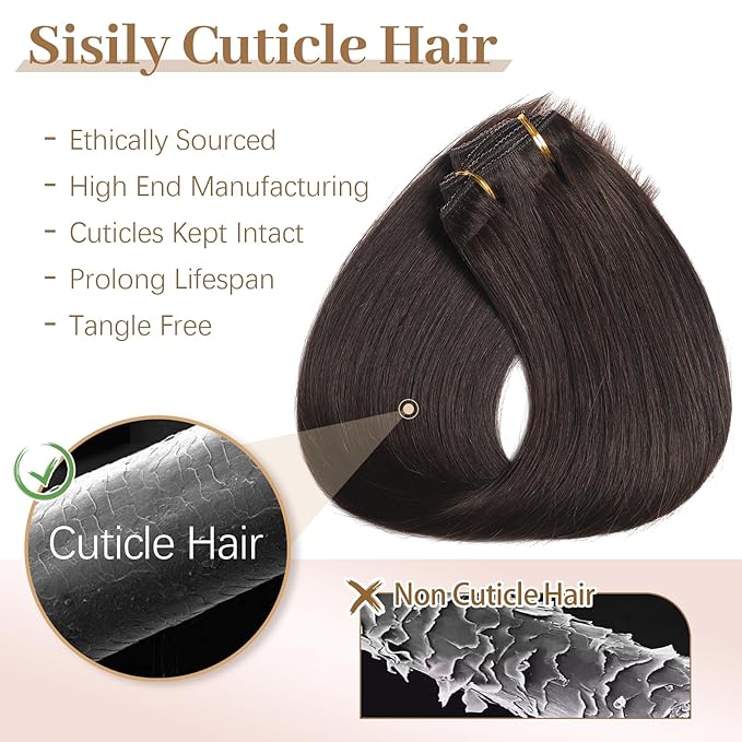 Sisily Clip in Hair Extensions Real Human Hair, Premium Human Hair Clip in Extensions Dark Brown, Soft Straight Hair Extensions Real Human Hair Clip ins 7PCS Double Weft（14 Inch #2）