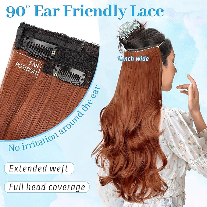 KooKaStyle Invisible Wire Hair Extensions Long Wavy Layered Synthetic Hair Extensions with Transparent Wire Adjustable Size 6 Secure Clips Auburn Hairpieces for Women 20 Inch