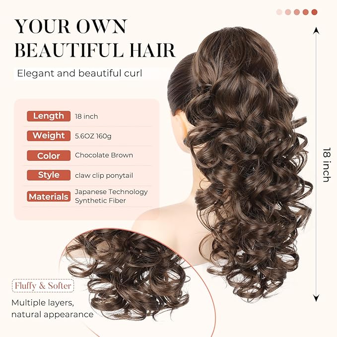 Flufymooz Ponytail Extension, 18 inch Wavy Curly Claw Clip Ponytail Extension Clip on Ponytails Natural Synthetic Hairpiece for Women Daily Wear (Chocolate Brown)