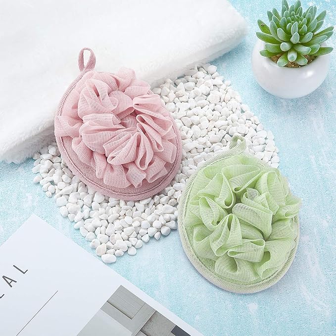 Boao 6 Pcs Bath Shower Pouf Sponge Mesh Pouf Shower Ball Exfoliating Body Sponge Pad Scrubber Glove with Flower Bath Ball (Green,Light Pink)