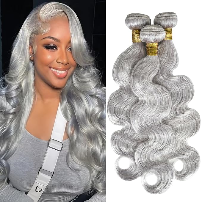 Silver Grey Body Wave Bundles Human Hair 14 16 18 inch 100% Virgin Human Hair Weave Extensions Double Weft 12A Gray Human Hair 3 Bundles