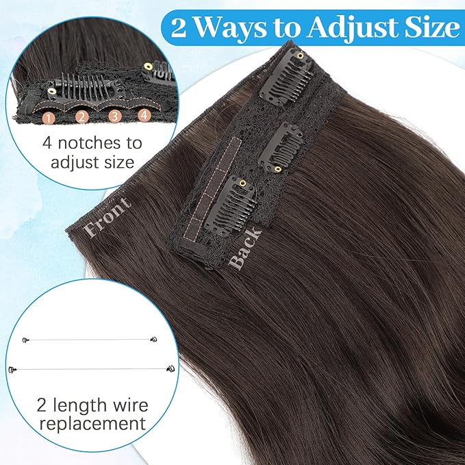 KooKaStyle Invisible Wire Hair Extensions Long Wavy Layered Synthetic Hair Extensions with Transparent Wire Adjustable Size 6 Secure Clips Dark Brown/6# Hairpieces for Women 16 Inch