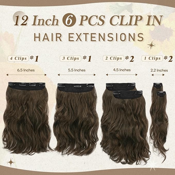 BARSDAR Wavy Clip-in Hair Extensions - 12 Inch Brown, 6PCs Full Head Thick Soft Synthetic Clip-in Hairpieces for Daily Party Halloween - Chestnut Brown
