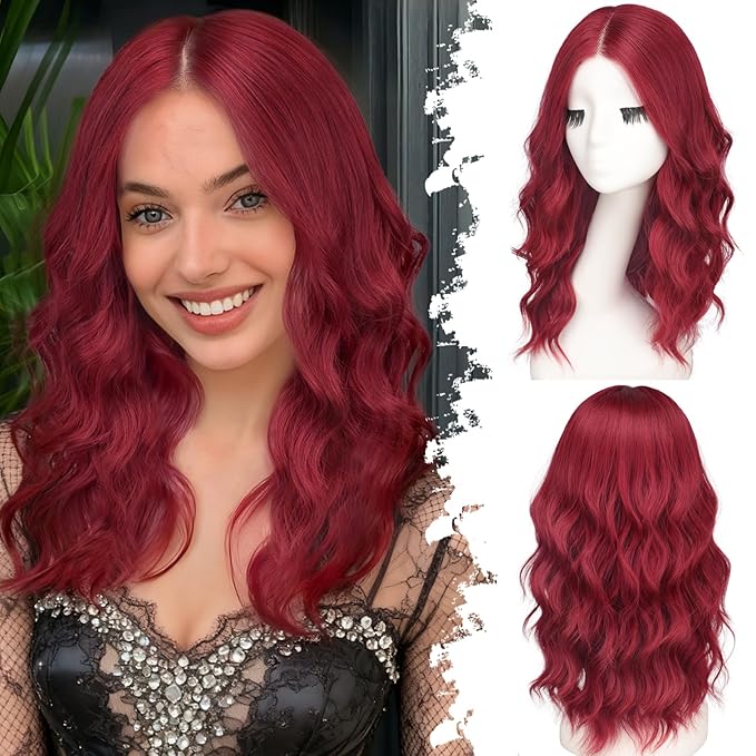 Berry Red Short Wavy Wig for Women Lace Hairline Bob Style Synthetic Heat Resistant - Natural Appearance for Everyday Hairstyle 18 Inch