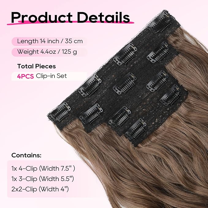 REECHO Clip in Hair Extensions - 14" Short Beach Wavy Hairpieces with Invisible Lace Weft - Natural Soft Hair - Light Brown with Golden Ends