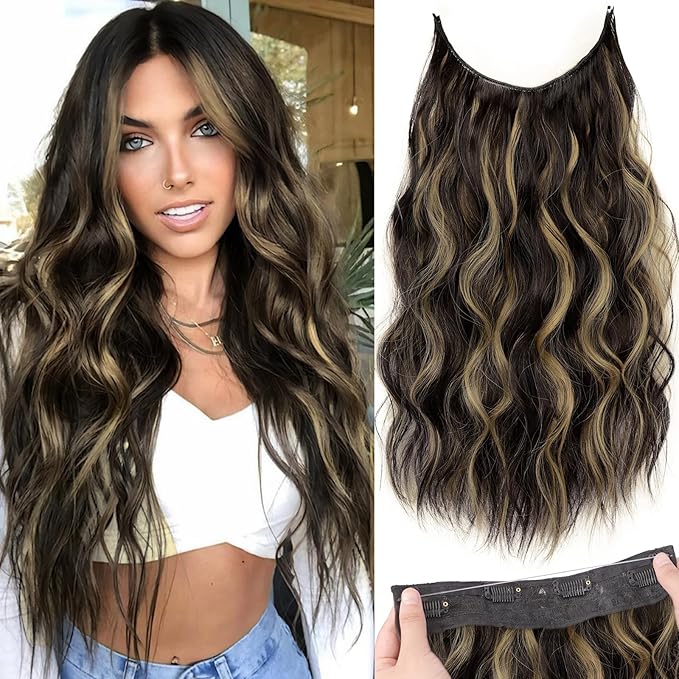 KooKaStyle Invisible Wire Hair Extensions with Transparent Headband Adjustable Size 4 Secure Clips Long Wavy Secret Wire Hairpiece 20 Inch Dark Brown with Blonde Highlights for Women