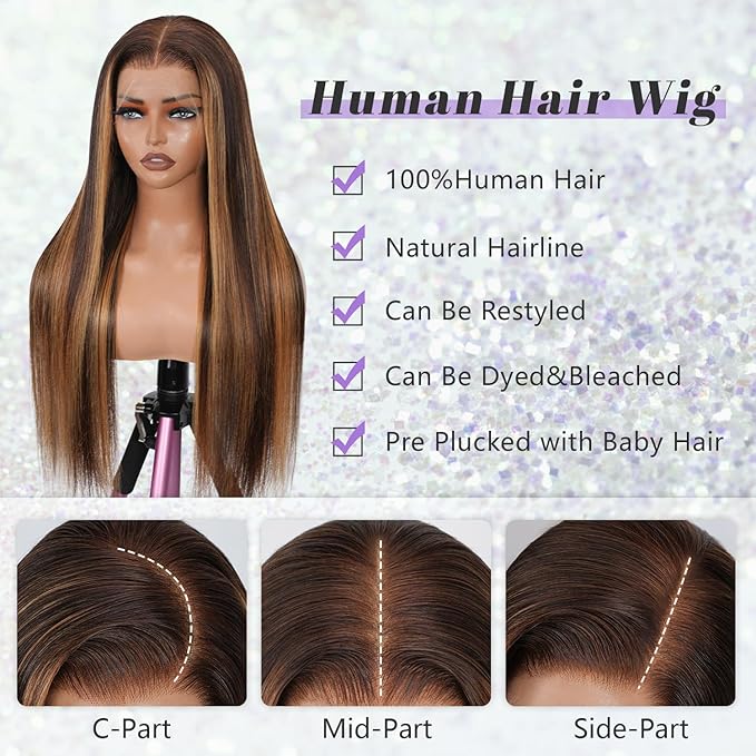 0.10MM Ultra-thin 13x6 Real SKINLIKE HD Lace Wig Pre Plucked Vivid Clean Hairline Small Knots 200 Density Straight P4/27 Highlight Frontal Wigs for Women Human Hair 28Inch Full Cuticle Aligned Hair
