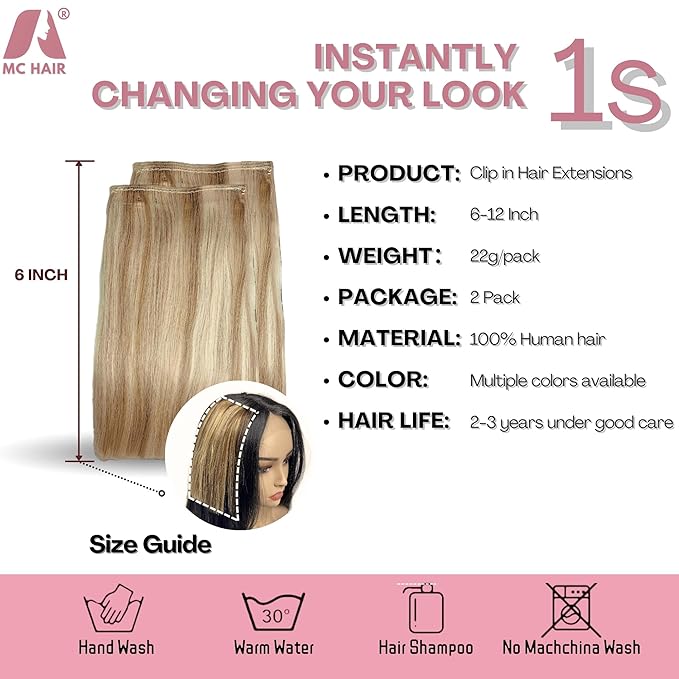 2 Pcs Short Hair Extensions, Real Hair Clip in Extensions Hair Human for Women 10 Inch Light Golden Brown and Bleach Blonde