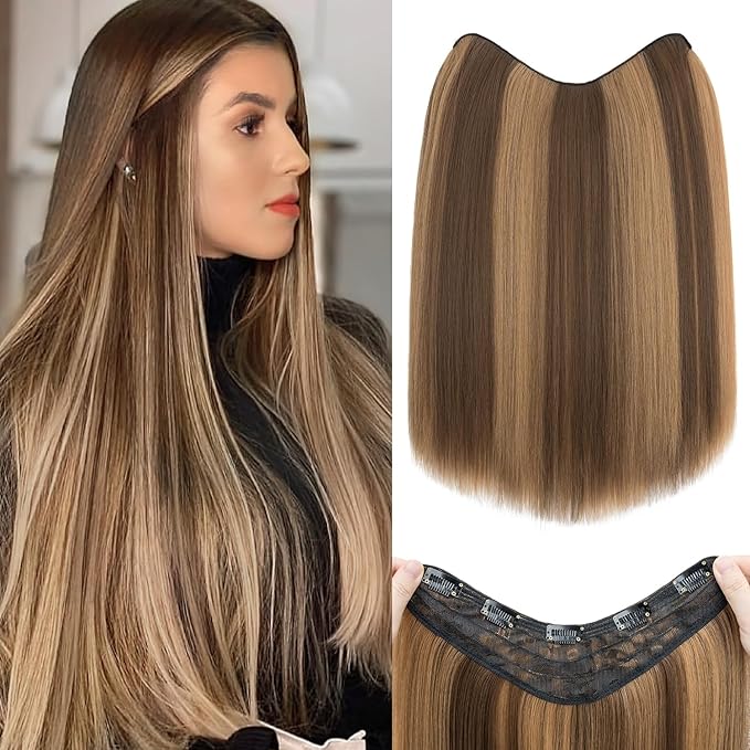 S-noilite One Piece Clip in Hair Extensions Balayage 18 Inch U-Shaped One Piece Weft Hair Extensions with 5 Clips Synthetic 3/4 Full Head Long Straight Clip in Hairpieces for Women,#10P26/27A