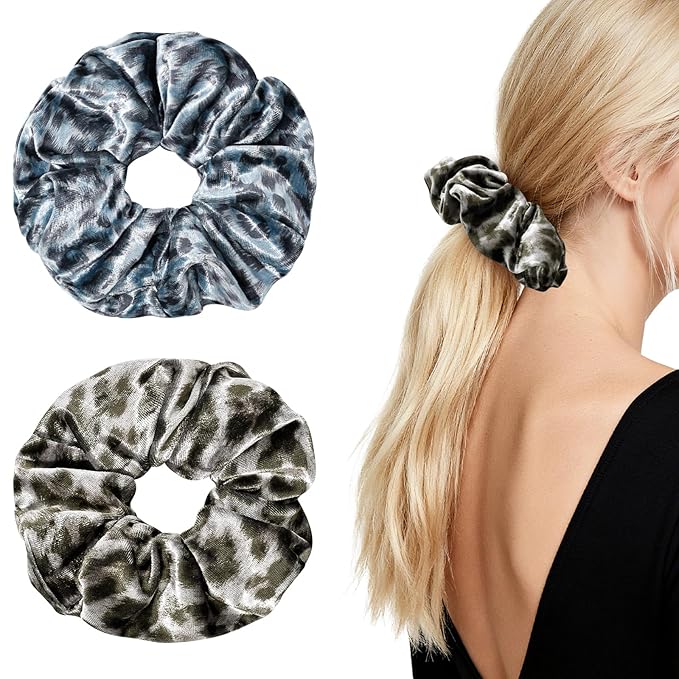2-Piece Velvet Hair Scrunchies, Non Slip Leopard Print Hair Ties for Daily Styling, Parties & Workouts, No Damage Scrunchy Ponytail Holders Hair Accessories for Women & Girls (Blue & Coffee)