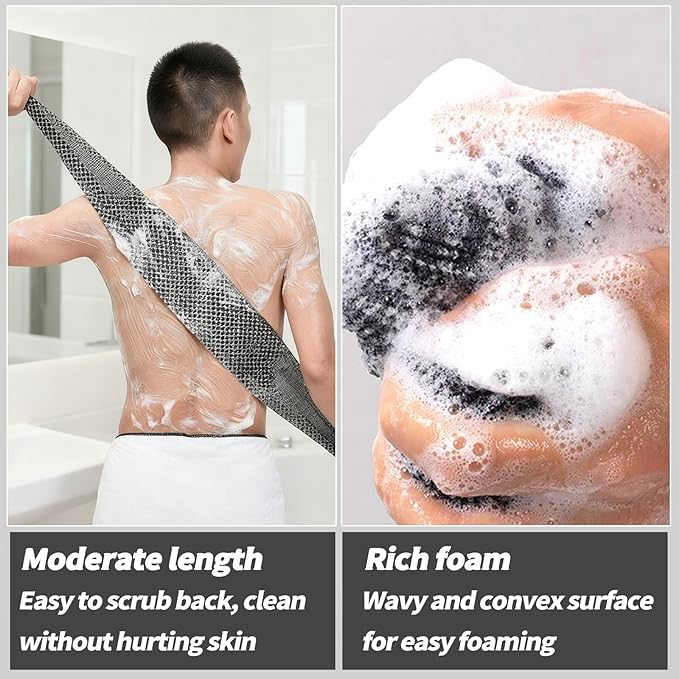 BLISSAL Exfoliating Shower Towel 47", Advanced Exfoliating Microfiber Towel, Premium Scrub Bathroom Towel Set for Smooth Skin, Quick Drying Durable and Gentle for Sensitive Skin (Black+Pink)