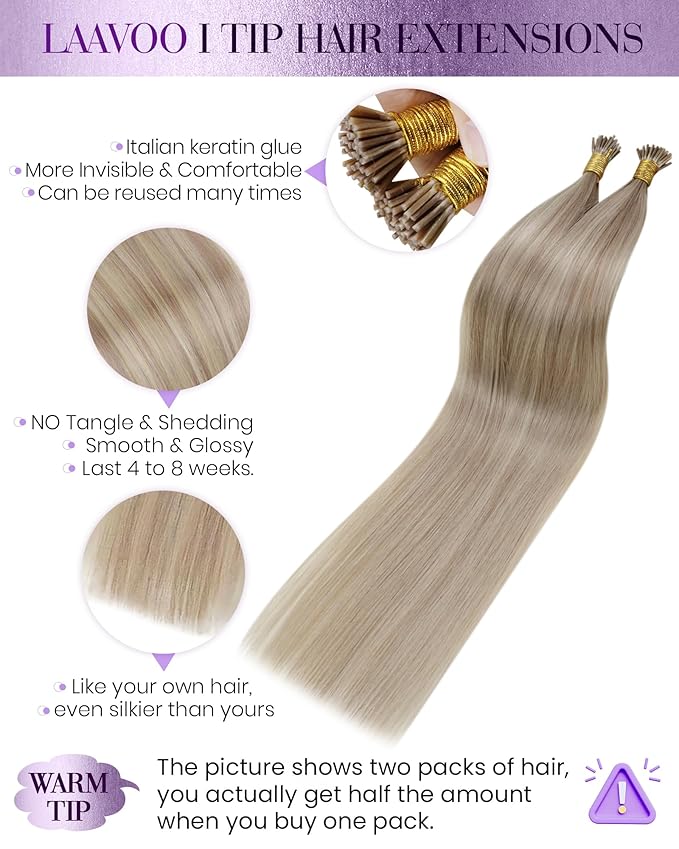 LaaVoo Itip Human Hair Extensions Ash Blonde Highlights Bleach Blonde I Tips Hair Extensions Real Human Hair 20 Inch 50g/s