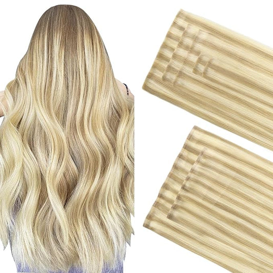 GOO GOO Invisi Edge Clip in Hair Extensions Set, 24inch 160g, 5pcs Injected Seamless PU Clip ins and 2pcs Classical PU Clip ins, Virgin Real Human Hair, #P18A/613A
