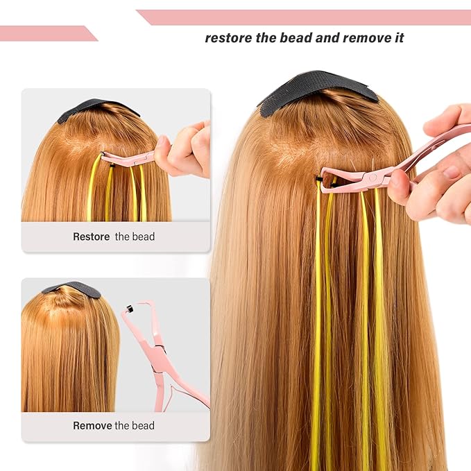 Gomake Microlinks Hair Extensions Kit, Hair Extension Closer and Removal Pliers, Micro Beads Pulling Hook & Microbead Loop Tool, Micro Links Silicone Rings Bead 200PCS (Pink)