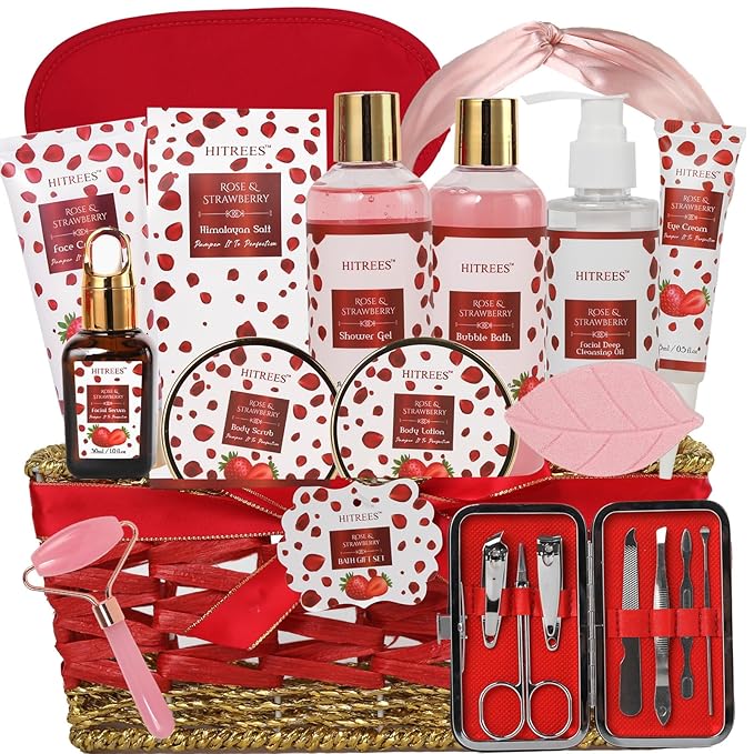 Red Gift Basket, Gift For Women, Gifts For Women Luxury Rose&Strawberry Spa Gift Set, Christmas 23PCS Gift Baskets ,Valentines Day Mothers Day Christmas Day Gift
