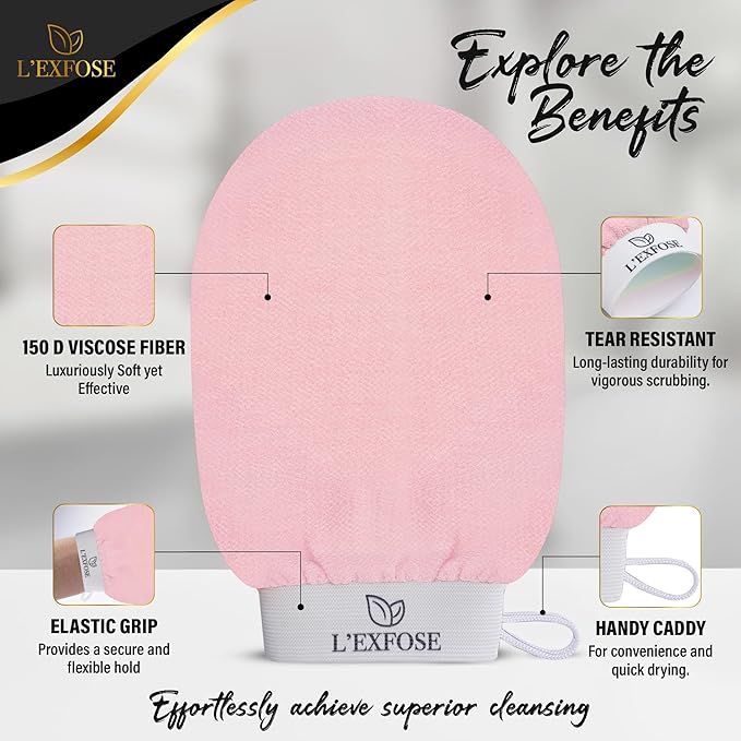 L'Exfose Kessa Hammam Deep Exfoliating Glove for Shower - Korean Exfoliating Mitt Body Scrubber Ideal for Dead Skin Remover, Keratosis Pilaris & Self-Tanning (Black & Pink)