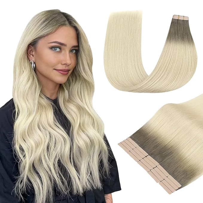DOORES Hair Extensions Tape in Human Hair Balayage Light Ash Brown to Ash Blonde 18 Inch 20pcs 50g Real Tape in Human Hair Extensions Straight Skin Weft