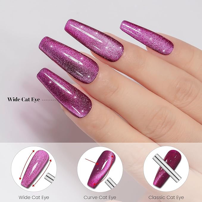 YTD Likomey Cat Eye Gel Nail Polish,15ml Bright Plum Pink Holographic Translucent Neutral Velvet Jelly Sheer Magnetic Dragon Fruit Shimmer Glitter Fall Winter UV Color Varnish with Magnet Stick,MY378