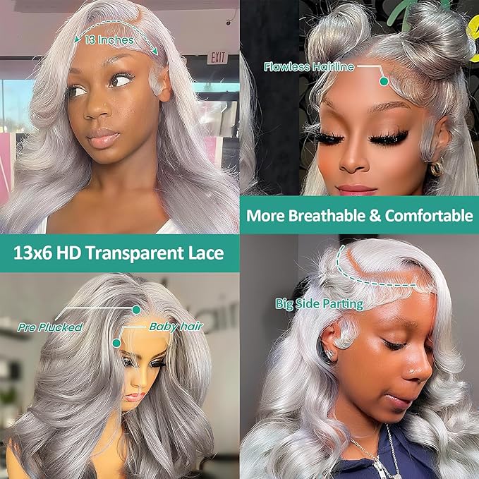 13x6 Grey Lace Front Wigs Human Hair Body Wave Pre Plucked with Baby Hair 200 Density Glueless Brazilian Virgin Grey Lace Frontal Wigs for Women 24 Inch
