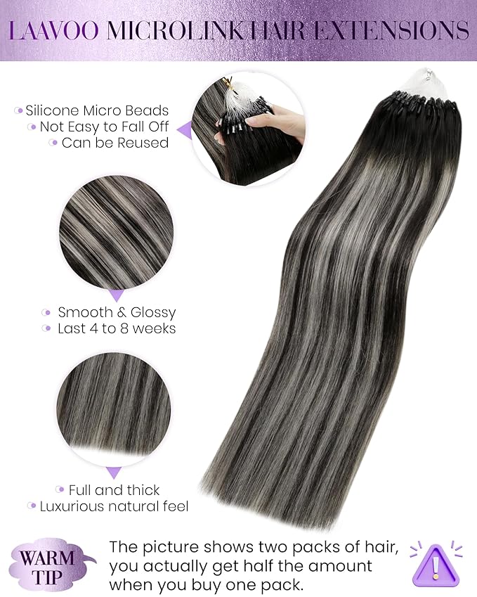 LaaVoo Microlink Hair Extensions Human Hair Ombre Natural Black to Grey Silver Micro Bead Hair Extensions Real Human Hair 20 inch 50g 1g/s