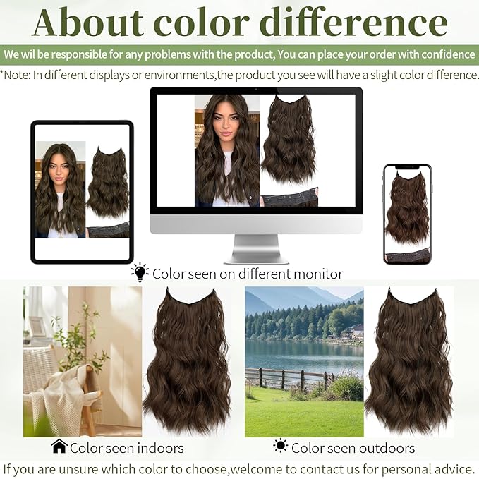 KooKaStyle Invisible Wire Hair Extensions with Transparent Wire Headband Adjustable Size 4 Secure Clips Long Wavy Hairpiece 16 Inch Medium Brown/4# for Women
