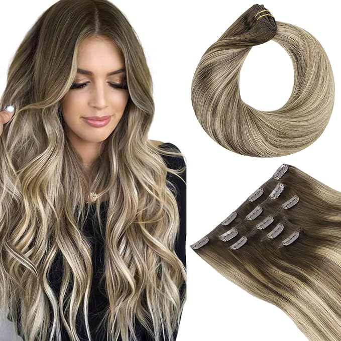 HOTBANANA Real Human Hair Clip in Hair Extensions, 5Pcs 70g 18 Inch Ombre Walnut Brown to Ash Brown and Bleach Blonde Straight Remy Clip in Extensions