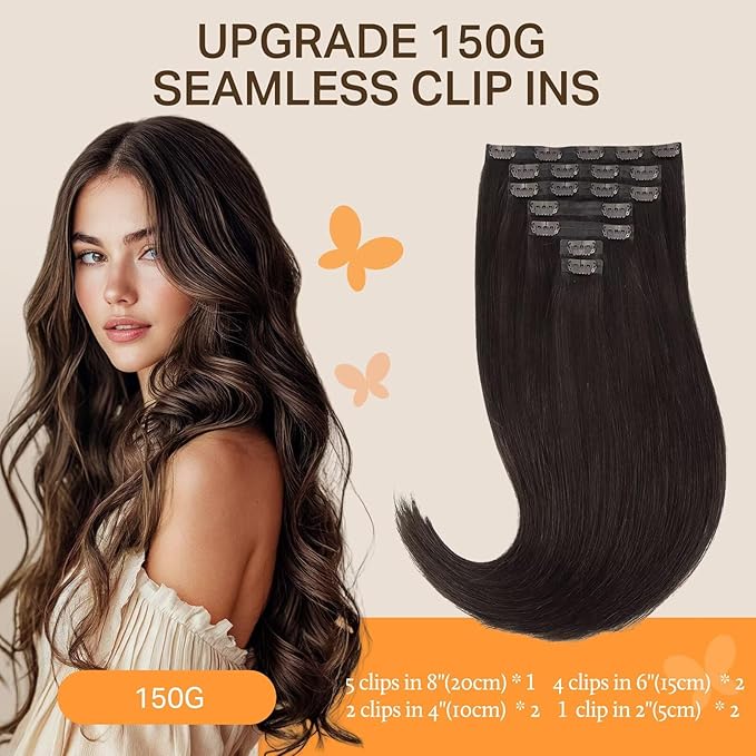 DOORES Hair Extensions Human Hair Seamless Clip in, Dark Brown 20 Inch 7pcs 150g, Straight Remy Extensions Thin Weft Thick Natural Weft