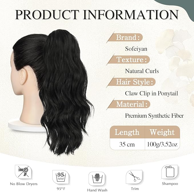SOFEIYAN 14" Ponytail Extension, Short Wavy Claw Clip in Ponytail Hair Extension Synthetic Hairpieces Black Layered Natural Fluffy Curly Drawstring Ponytail Hair Piece for Women