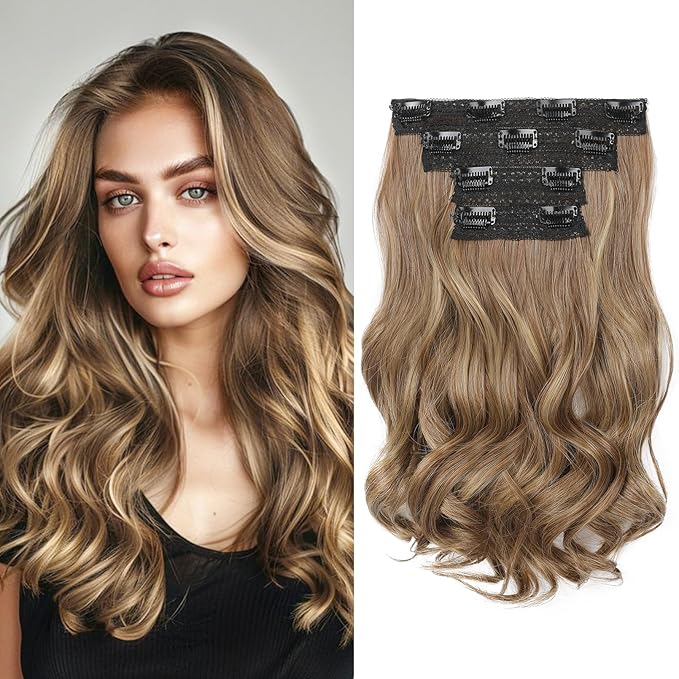 HOOJIH Clip in Hair Extensions 4PCS 14" Short Curly Clip on Hair Extensions Invisible Lace Weft Natural Soft Hairpieces for Women - Light Brown with Blonde Highlights