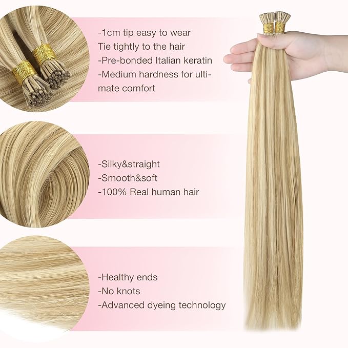 GOO GOO I Tip Hair Extensions Real Human Hair, 18inch 50g 50S, Cold Fusion I Tip Hair Extensions, Invisible Remy Hair Extensions, 16/22 Light Blonde Highlighted Golden Blonde