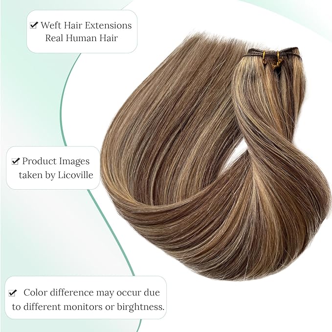 Licoville Weft Hair Extensions Real Human Hair Blonde Highlights Human Hair Wefts Sew in Hand Tied Remy Hair Bundles Brown and Blonde Sew in Extensions 16 Inch 100G