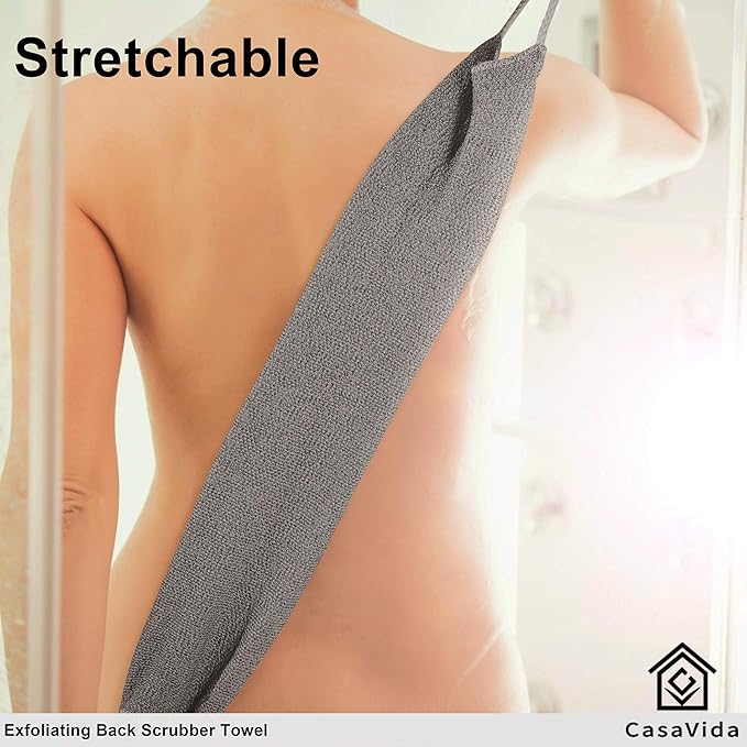 CASAVIDA Back Scrubber for Shower Nylon Bath Towel Washer Exfoliating Washcloth Rear Japanese Stretchable Strap Wash Cloth Body Exfoliation 2 Pack (Jean Blue + Wine Red)