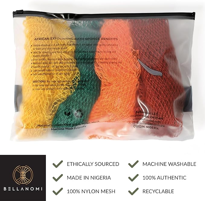 BELLANOMI 4 Piece African Exfoliating Net Sponge Long African Bath Sponge, Authentic Ethically Sourced from Nigeria, Great for Daily Use (Copper Brown, Orange, Green, Yellow)