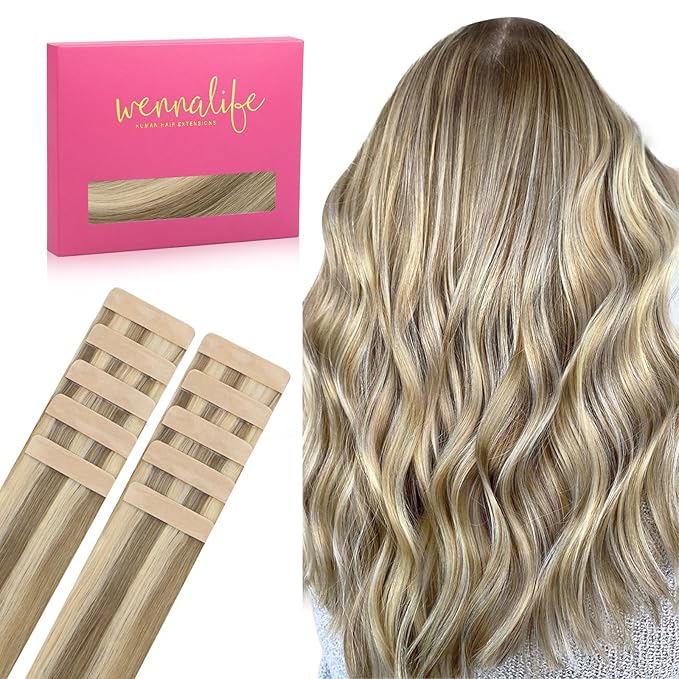WENNALIFE Tape in Hair Extensions Human Hair Ash Brown with Platinum Blonde Highlights, 10pcs 30g 24 inch Remy Hair Invisible Tape Ins Straight Colored Soft Refill Set