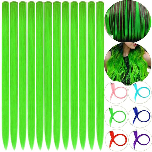 12 PCS Green Hair Extensions Clip in, 22" Colored Hair Extensions, Highlights Colorful Hair Piece DIY Hair Accessories on Daily Party